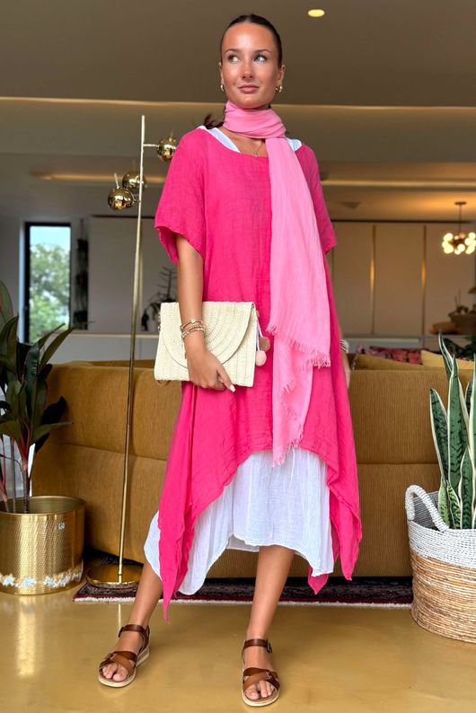 Pure Linen Jensen Two Piece Split Side Dress Small Flamingo